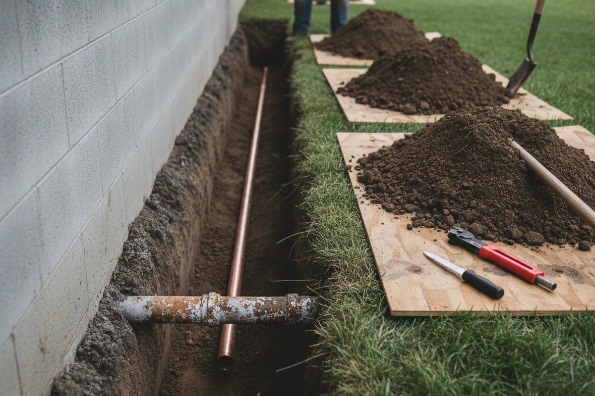 Excavated water line trench during Water Softener Installation in Peru